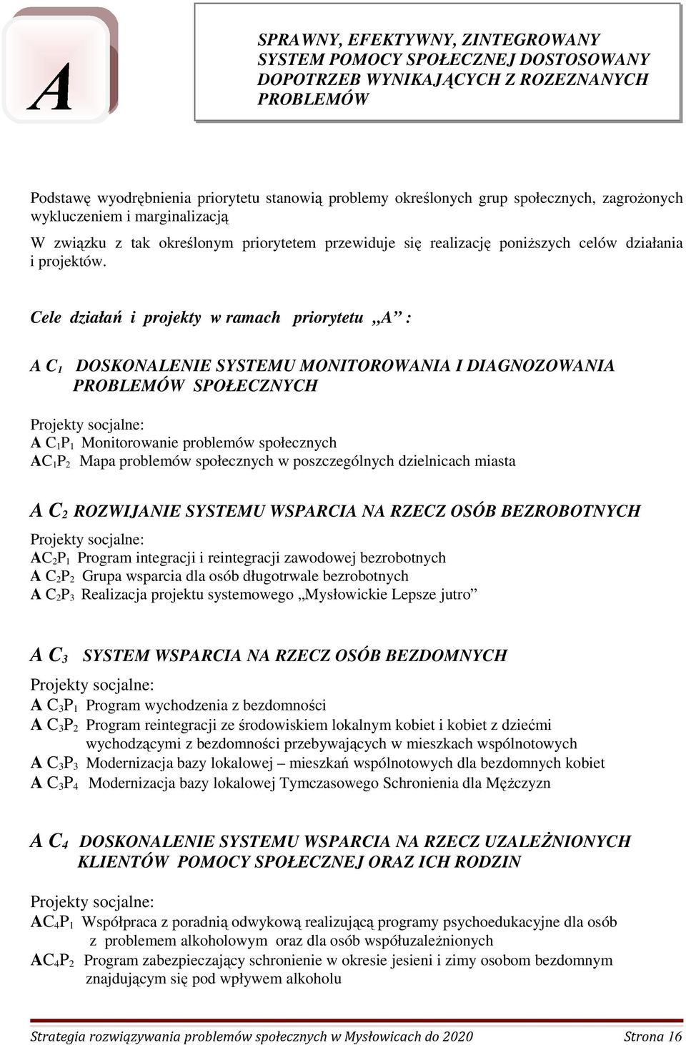 Cele działań i projekty w ramach priorytetu A : A C 1 DOSKONALENIE SYSTEMU MONITOROWANIA I DIAGNOZOWANIA PROBLEMÓW SPOŁECZNYCH A C 1 P 1 Monitorowanie problemów społecznych AC 1 P 2 Mapa problemów