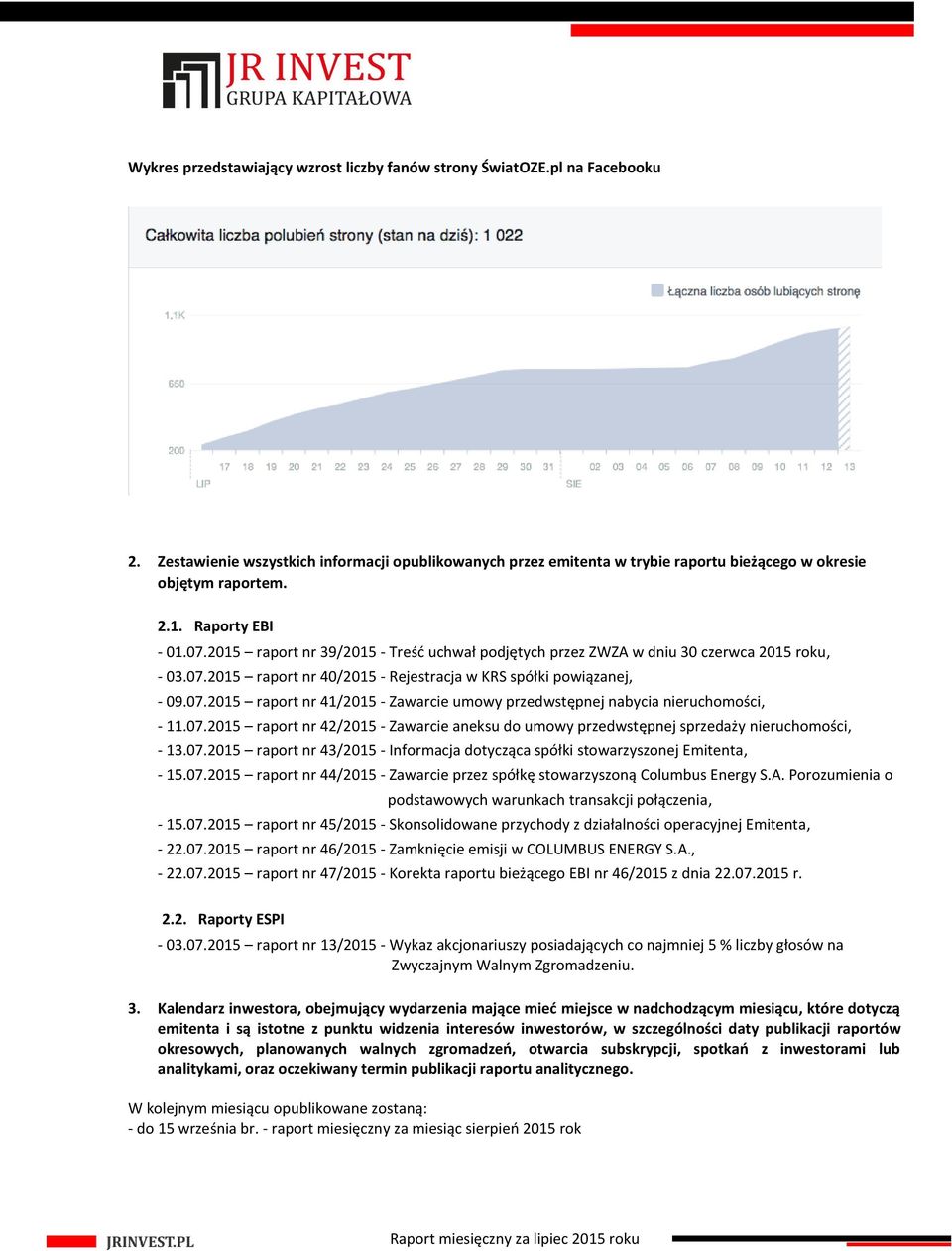 07.2015 raport nr 42/2015 - Zawarcie aneksu do umowy przedwstępnej sprzedaży nieruchomości, - 13.07.2015 raport nr 43/2015 - Informacja dotycząca spółki stowarzyszonej Emitenta, - 15.07.2015 raport nr 44/2015 - Zawarcie przez spółkę stowarzyszoną Columbus Energy S.