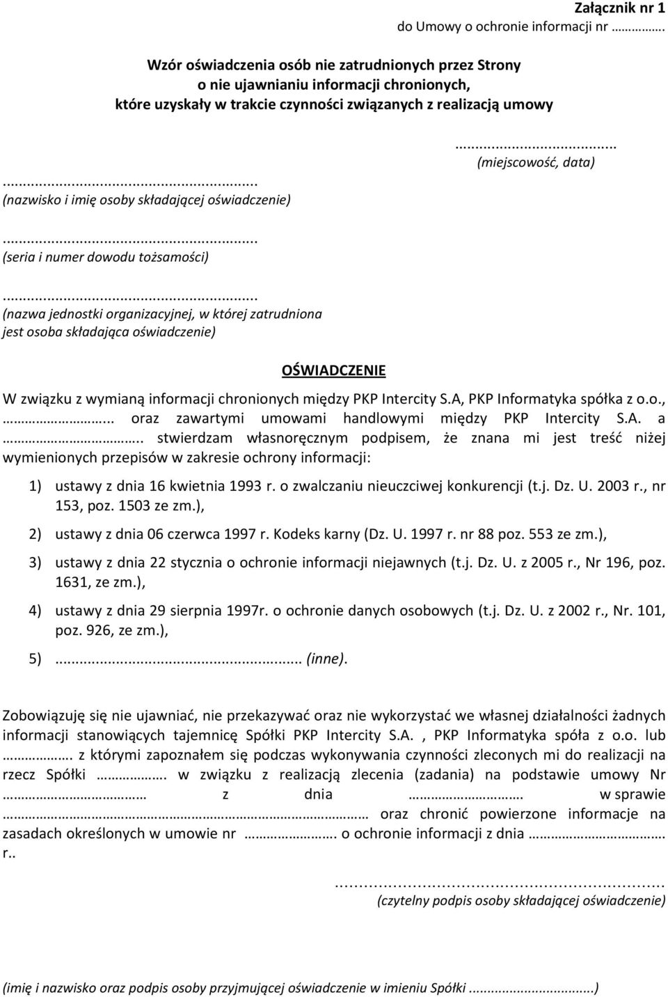 .. (nazwisko i imię osoby składającej oświadczenie)... (miejscowość, data)... (seria i numer dowodu tożsamości).