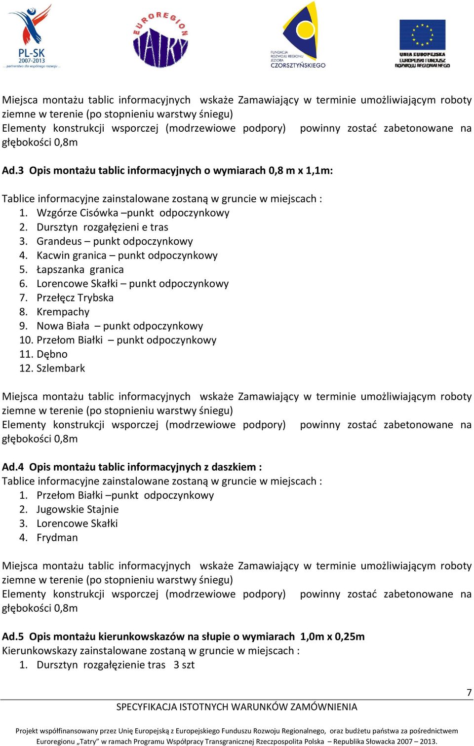 Nowa Biała punkt odpoczynkowy 10. Przełom Białki punkt odpoczynkowy 11. Dębno 12. Szlembark głębokości 0,8m Ad.