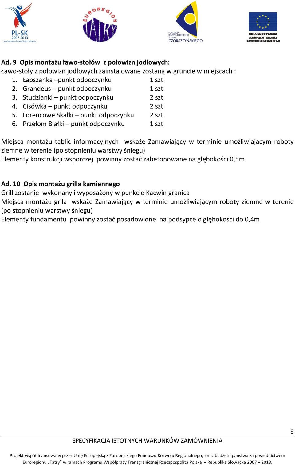 Przełom Białki punkt odpoczynku 1 szt Elementy konstrukcji wsporczej powinny zostać zabetonowane na głębokości 0,5m Ad.