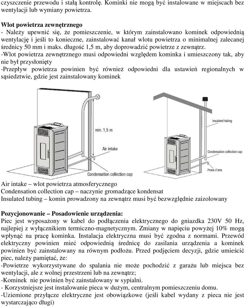 zalecanej średnicy 50 mm i maks. długość 1,5 m, aby doprowadzić powietrze z zewnątrz.