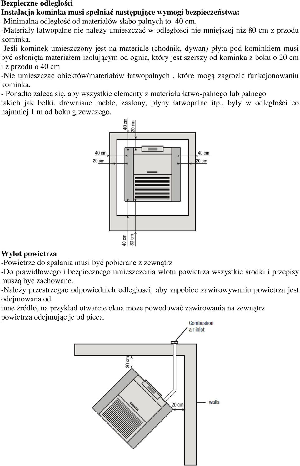 -Jeśli kominek umieszczony jest na materiale (chodnik, dywan) płyta pod kominkiem musi być osłonięta materiałem izolującym od ognia, który jest szerszy od kominka z boku o 20 cm i z przodu o 40 cm