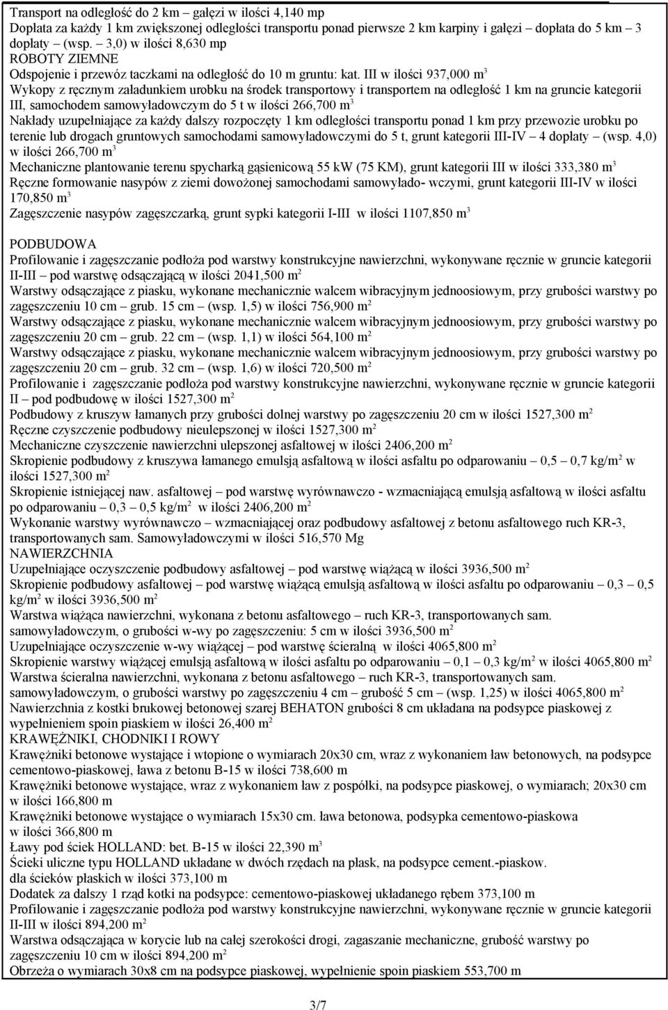 III w ilości 937,000 m 3 Wykopy z ręcznym załadunkiem urobku na środek transportowy i transportem na odległość 1 km na gruncie kategorii III, samochodem samowyładowczym do 5 t w ilości 266,700 m 3
