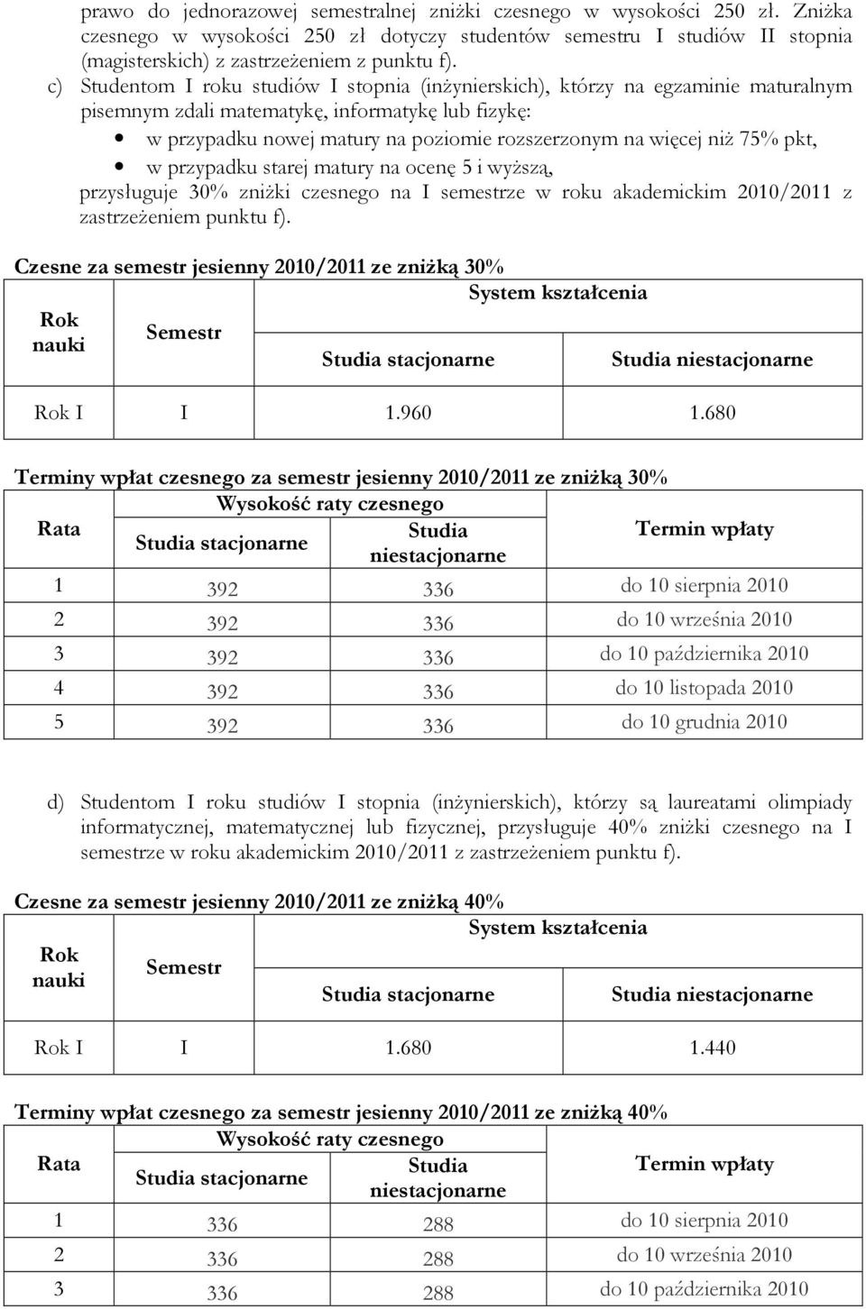 niż 75% pkt, w przypadku starej matury na ocenę 5 i wyższą, przysługuje 30% zniżki czesnego na I semestrze w roku akademickim 2010/2011 z zastrzeżeniem punktu f).