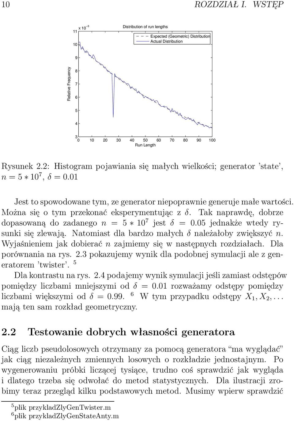 2: Histogram pojawiania się małych wielkości; generator state, n = 5 10 7, δ = 0.01 Jest to spowodowane tym, ze generator niepoprawnie generuje małe wartości.
