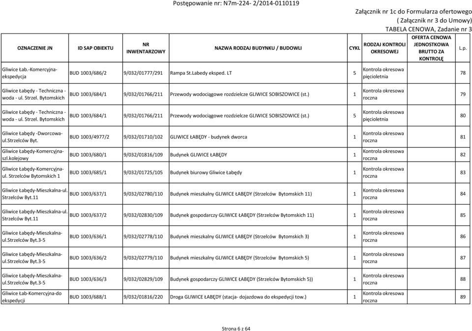 Bytomskich BUD 1003/684/1 9/032/01766/211 Przewody wodociągowe rozdzielcze GLIWICE SOBISZOWICE (st.) 5 80 Gliwice Łabędy -Dworcowaul.Strzelców Byt.