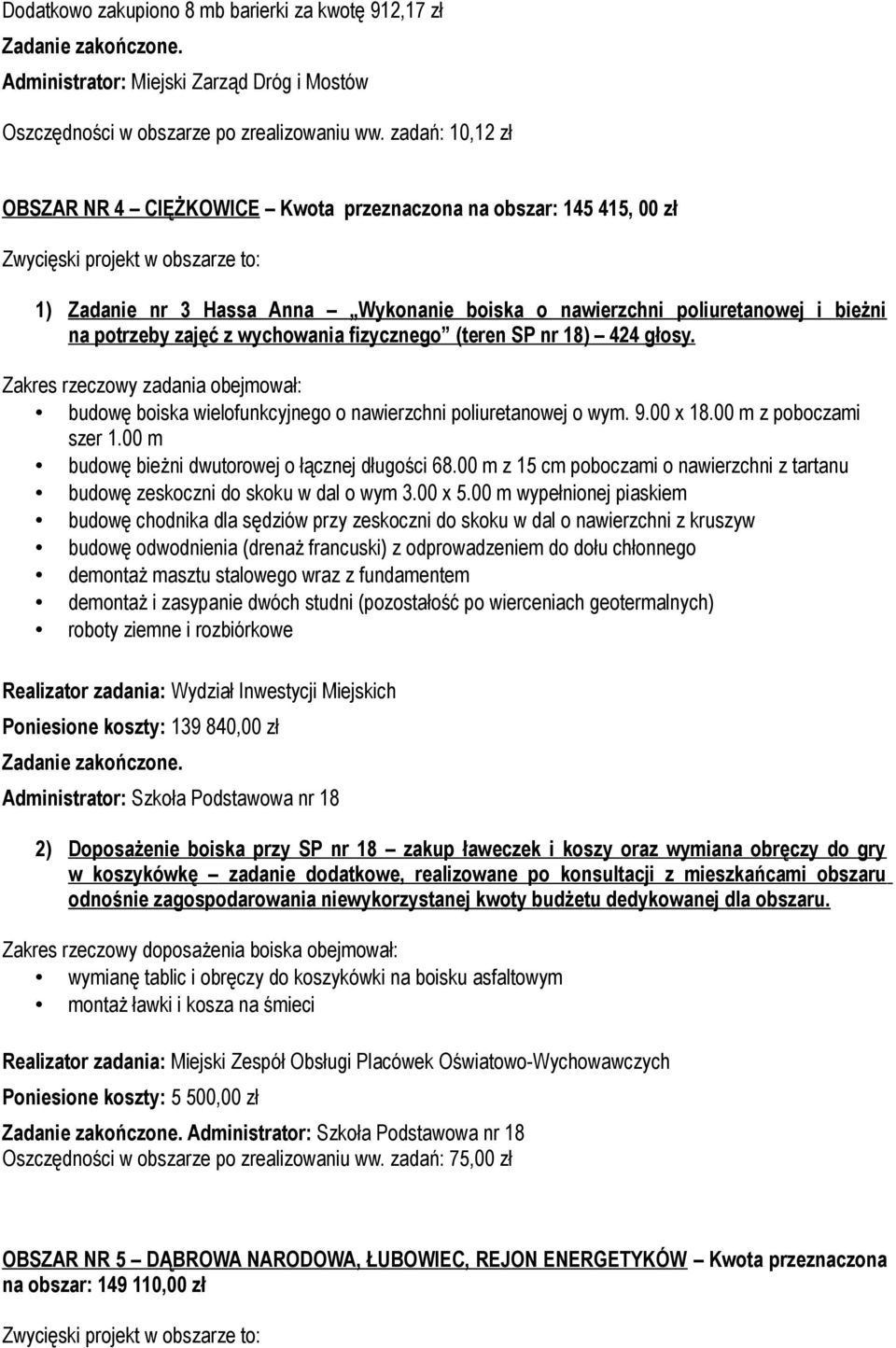 fizycznego (teren SP nr 18) 424 głosy. Zakres rzeczowy zadania obejmował: budowę boiska wielofunkcyjnego o nawierzchni poliuretanowej o wym. 9.00 x 18.00 m z poboczami szer 1.