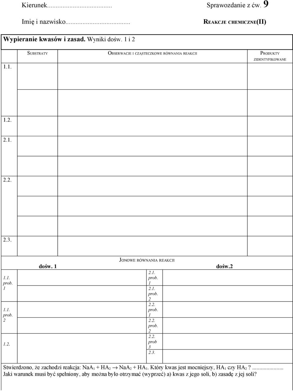 1 JONOWE RÓWNANIA REAKCJI 2.1. prob. 1 2.1. prob. 2 2.2. prob. 1 2.2. prob. 2 2.2. prob 3 2.3. dośw.