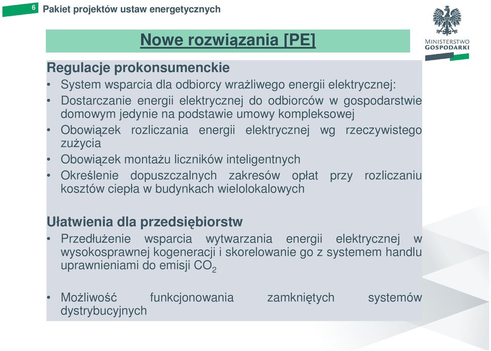 liczników inteligentnych Określenie dopuszczalnych zakresów opłat przy rozliczaniu kosztów ciepła w budynkach wielolokalowych Ułatwienia dla przedsiębiorstw PrzedłuŜenie wsparcia