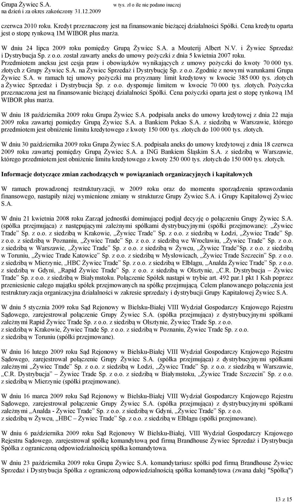 Przedmiotem aneksu jest cesja praw i obowiązków wynikających z umowy pożyczki do kwoty 70 000 tys. złotych z Grupy Żywiec S.A. na Żywiec Sprzedaż i Dystrybucję Sp. z o.o. Zgodnie z nowymi warunkami Grupa Żywiec S.