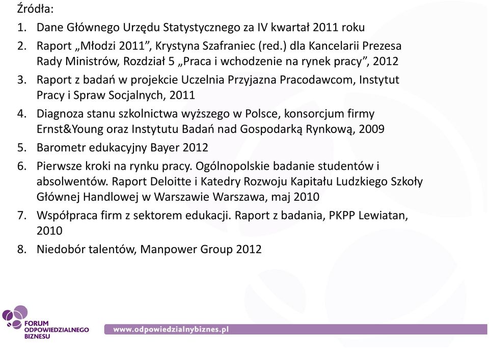 Diagnoza stanu szkolnictwa wyższego w Polsce, konsorcjum firmy Ernst&Young oraz Instytutu Badań nad Gospodarką Rynkową, 2009 5. Barometr edukacyjny Bayer 2012 6. Pierwsze kroki na rynku pracy.