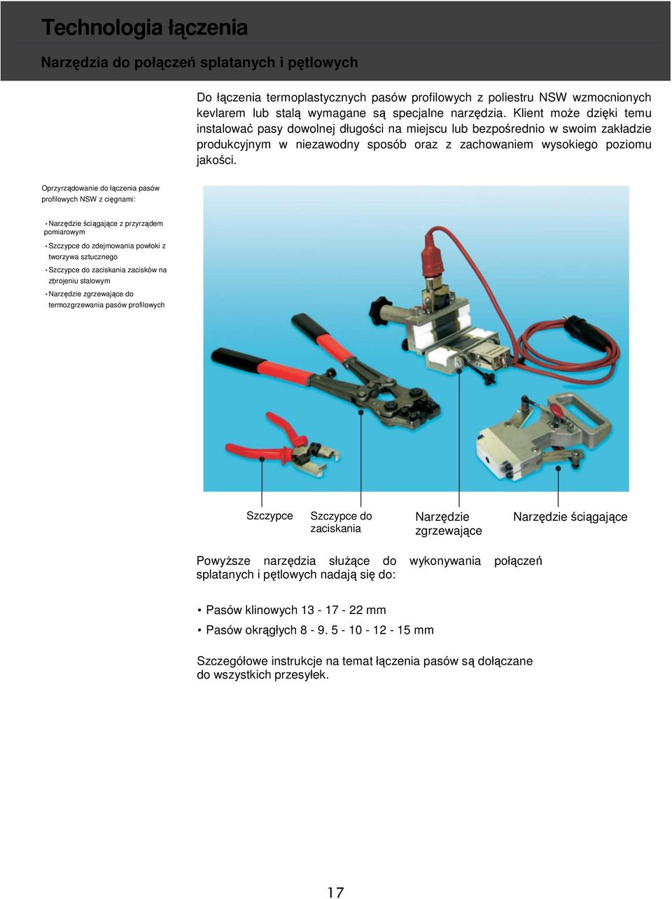 Oprzyrządowanie do łączenia pasów profilowych NSW z cięgnami: Narzędzie ściągające z przyrządem pomiarowym Szczypce do zdejmowania powłoki z tworzywa sztucznego Szczypce do zaciskania zacisków na
