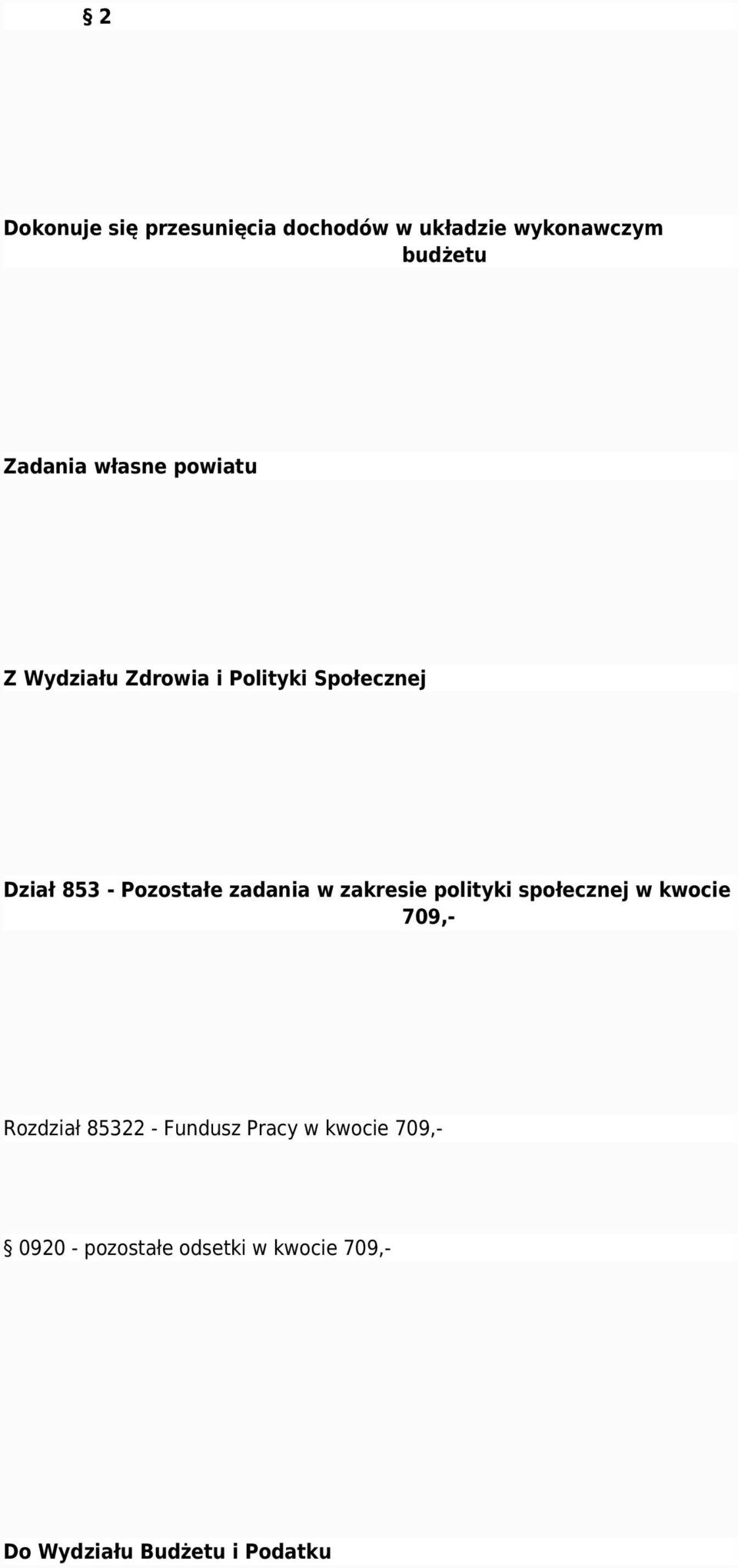 zadania w zakresie polityki społecznej w kwocie 709,- Rozdział 85322 - Fundusz