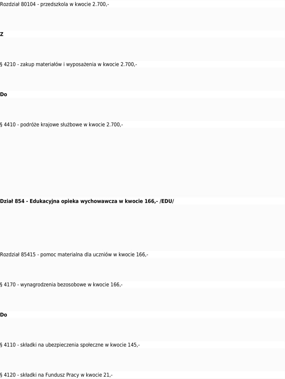 700,- Dział 854 - Edukacyjna opieka wychowawcza w kwocie 166,- /EDU/ Rozdział 85415 - pomoc materialna dla