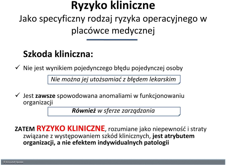 anomaliami w funkcjonowaniu organizacji Również w sferze zarządzania ZATEMRYZYKO KLINICZNE, rozumiane jako