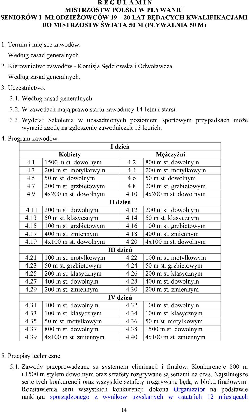 4. Program zawodów. I dzień Kobiety Mężczyźni 4.1 1500 m st. dowolnym 4.2 800 m st. dowolnym 4.3 200 m st. motylkowym 4.4 200 m st. motylkowym 4.5 50 m st. dowolnym 4.6 50 m st. dowolnym 4.7 200 m st.