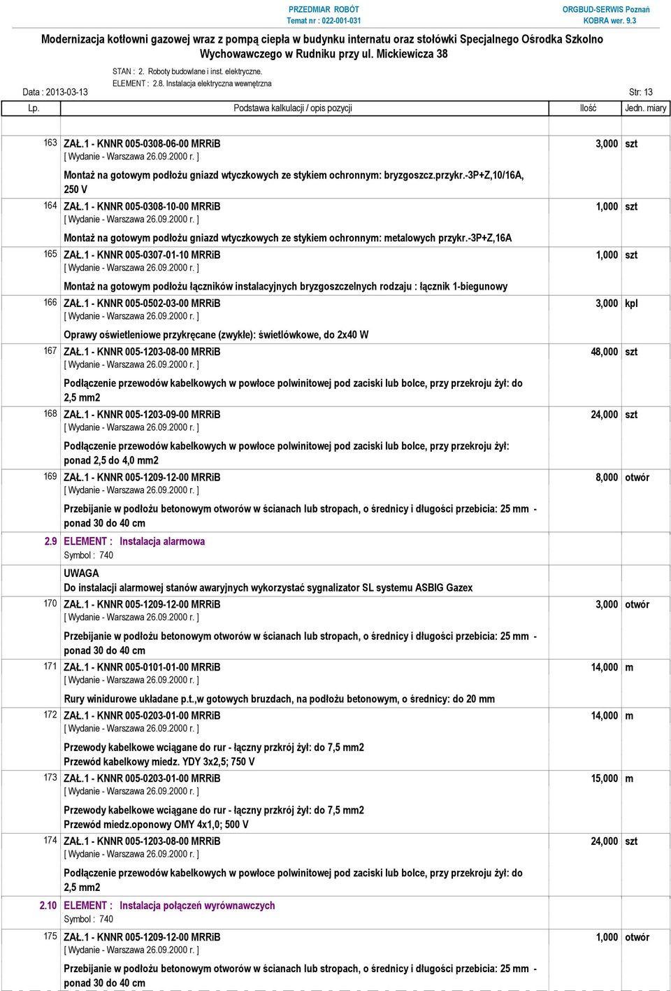 1 - KNNR 005-0308-10-00 MRRiB 1,000 szt MontaŜ na gotowym podłoŝu gniazd wtyczkowych ze stykiem ochronnym: metalowych przykr.-3p+z,16a 165 ZAŁ.