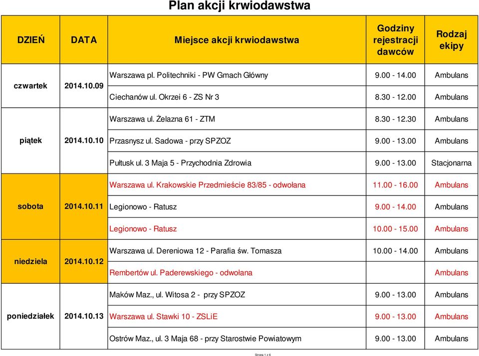 Krakowskie Przedmieście 83/85 - odwołana 11.00-16.00 sobota 2014.10.11 Legionowo - Ratusz 9.00-14.00 Legionowo - Ratusz 10.00-15.00 niedziela 2014.10.12 Warszawa ul. Dereniowa 12 - Parafia św.