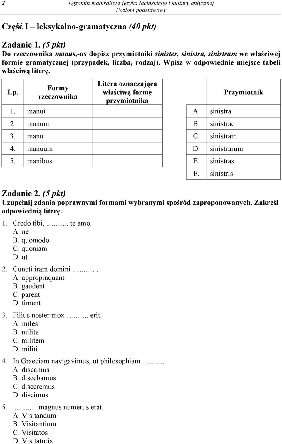 Formy rzeczownika Litera oznaczająca właściwą formę przymiotnika 1. manui A. sinistra 2. manum B. sinistrae 3. manu C. sinistram 4. manuum D. sinistrarum 5. manibus E. sinistras F.