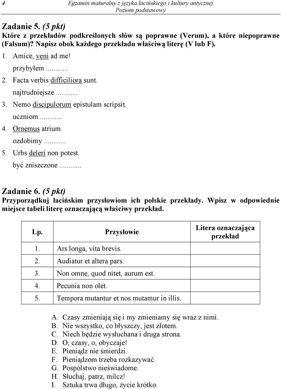 Ornemus atrium. ozdobimy... 5. Urbs deleri non potest. być zniszczone... Zadanie 6. (5 pkt) Przyporządkuj łacińskim przysłowiom ich polskie przekłady.