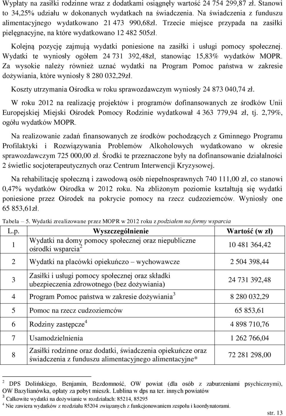 Kolejną pozycję zajmują wydatki poniesione na zasiłki i usługi pomocy społecznej. Wydatki te wyniosły ogółem 24 731 392,48zł, stanowiąc 15,83% wydatków MOPR.