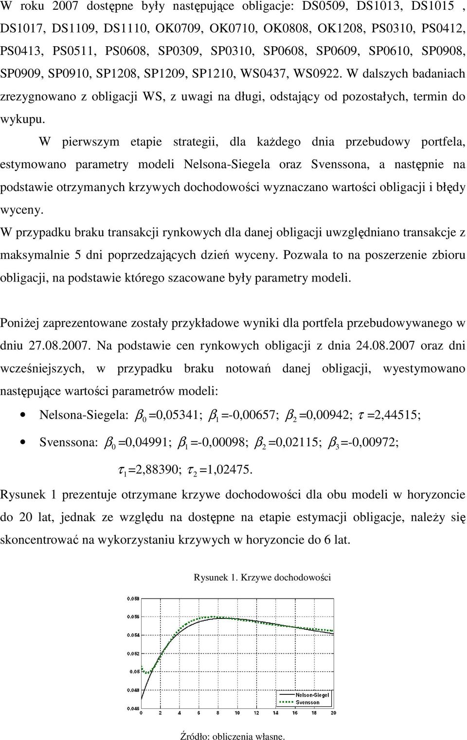 W pierwszym etapie strategii, dla kaŝdego dnia przebudowy portfela, estymowano parametry modeli Nelsona-Siegela oraz Svenssona, a następnie na podstawie otrzymanych krzywych dochodowości wyznaczano