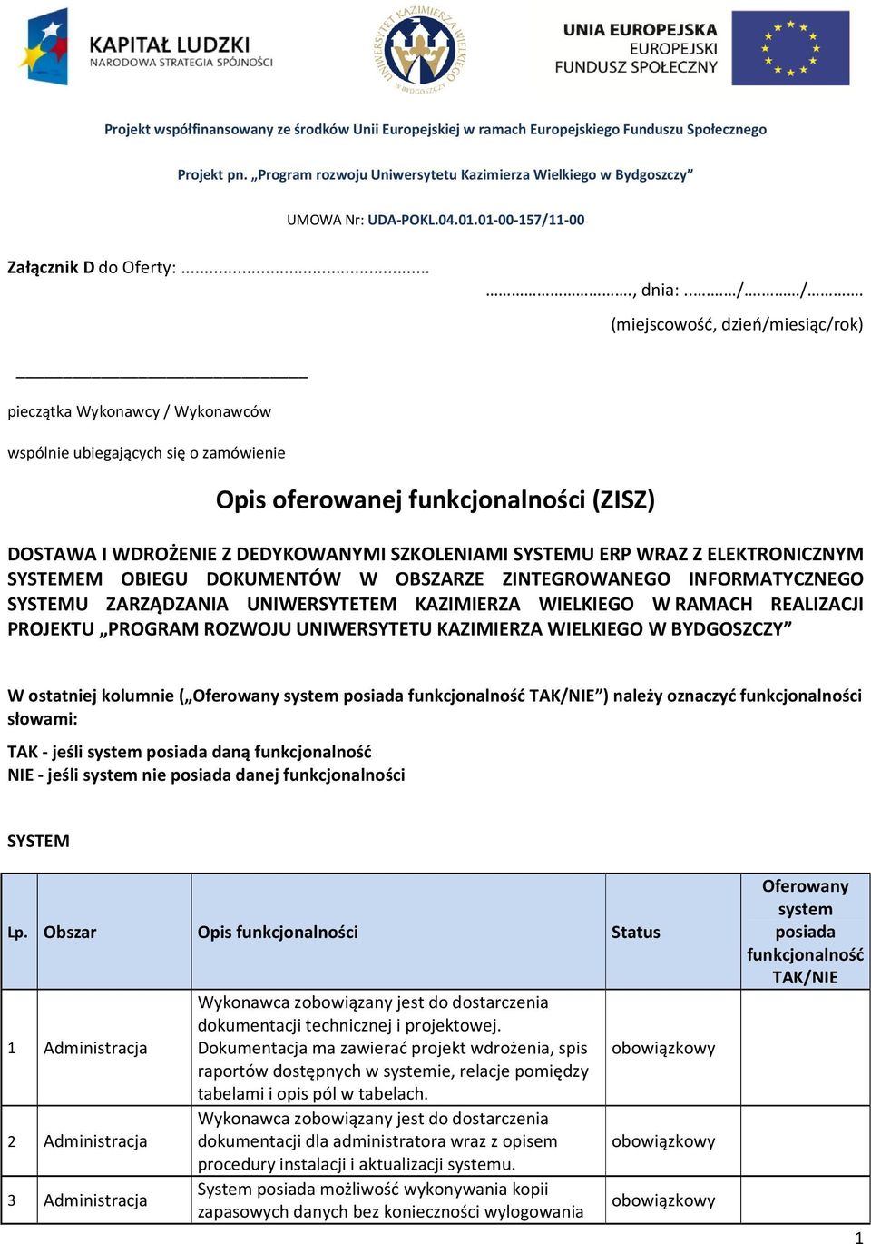 /. (miejscowość, dzień/miesiąc/rok) pieczątka Wykonawcy / Wykonawców wspólnie ubiegających się o zamówienie Opis oferowanej funkcjonalności (ZISZ) DOSTAWA I WDROŻENIE Z DEDYKOWANYMI SZKOLENIAMI