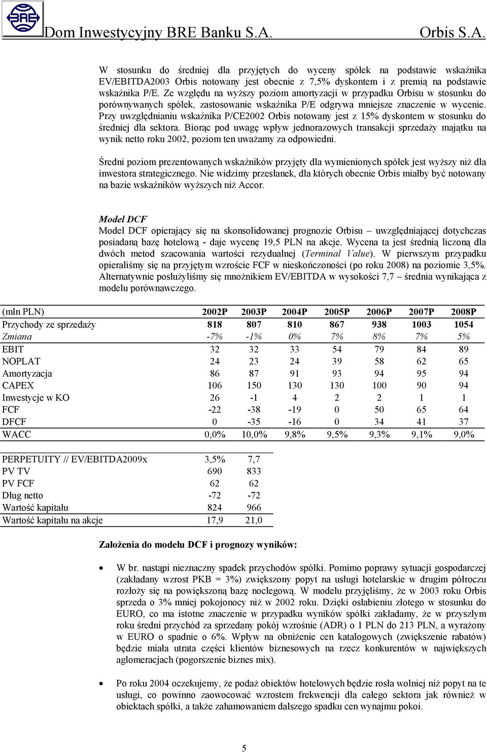 Przy uwzględnianiu wskaźnika P/CE2002 Orbis notowany jest z 15% dyskontem w stosunku do średniej dla sektora.