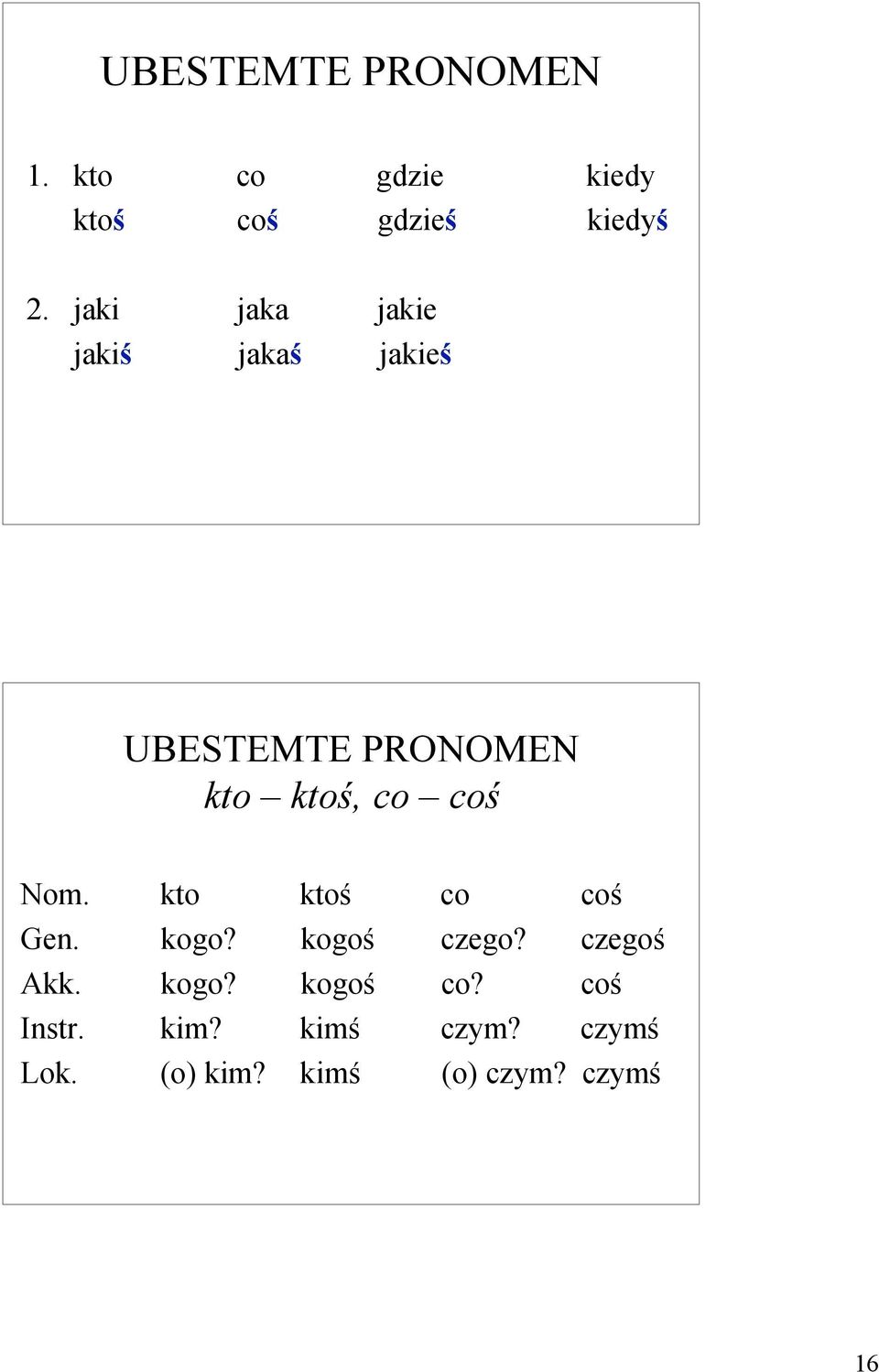 Nom. kto ktoś co coś Gen. kogo? kogoś czego? czegoś Akk. kogo? kogoś co?