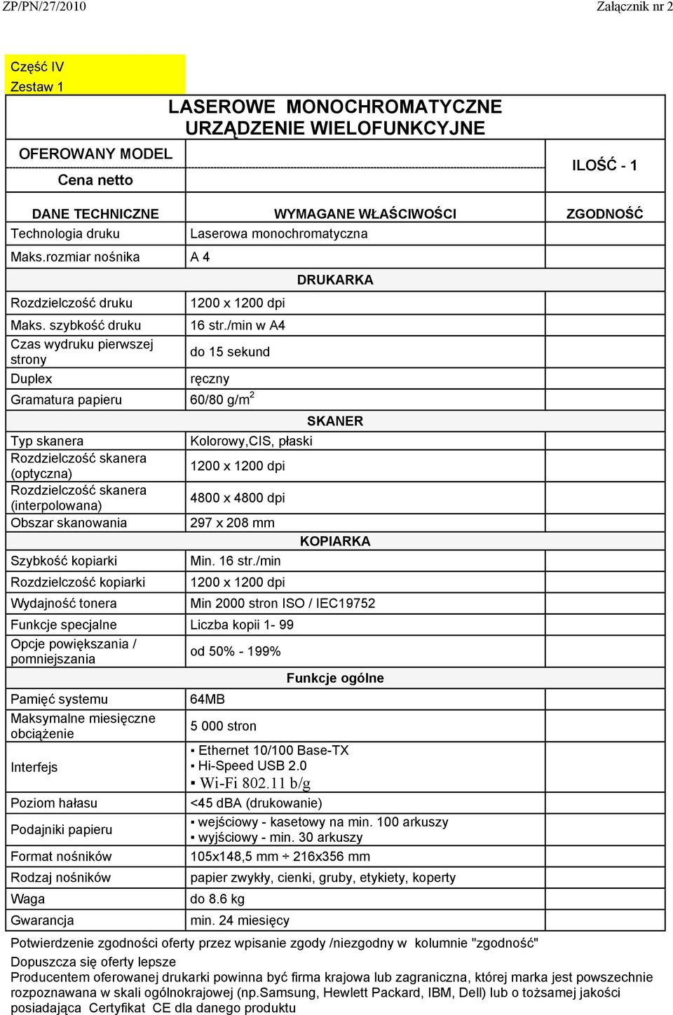 /min w A4 do 15 sekund ręczny DRUKARKA Typ skanera Rozdzielczość skanera (optyczna) Rozdzielczość skanera (interpolowana) Obszar skanowania Szybkość kopiarki Rozdzielczość kopiarki Wydajność tonera