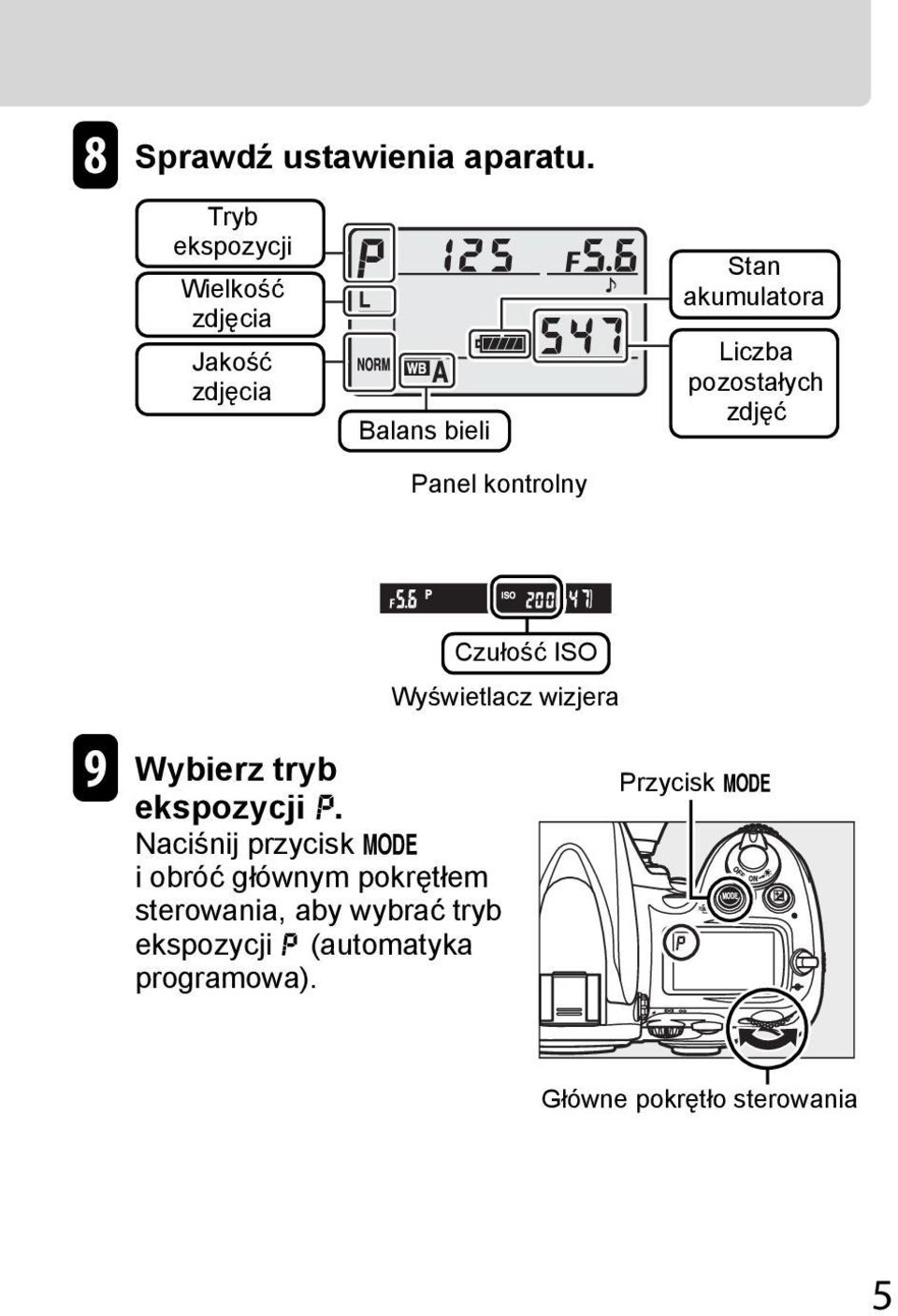 akumulatora Liczba pozostałych zdjęć 9 Czułość ISO Wyświetlacz wizjera Wybierz tryb