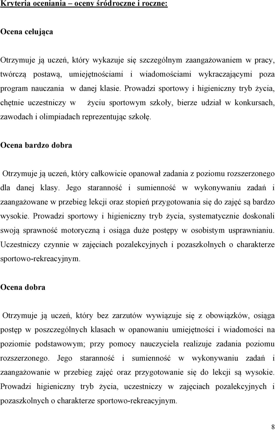 Prowadzi sportowy i higieniczny tryb życia, chętnie uczestniczy w życiu sportowym szkoły, bierze udział w konkursach, zawodach i olimpiadach reprezentując szkołę.