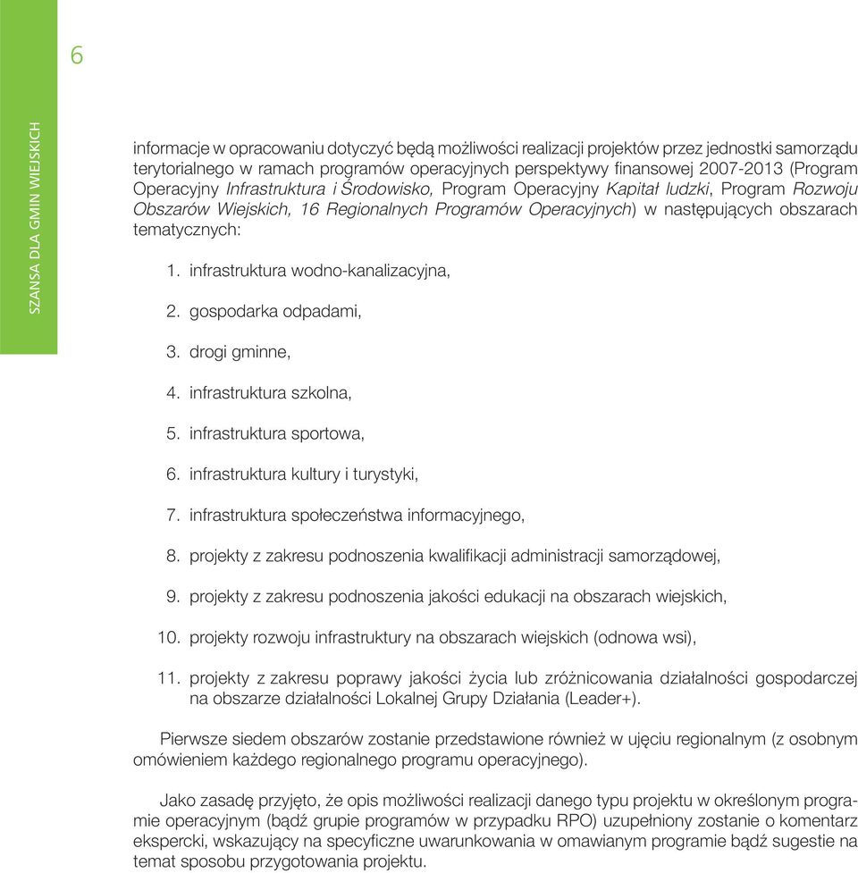 infrastruktura wodno-kanalizacyjna, 2. gospodarka odpadami, 3. drogi gminne, 4. infrastruktura szkolna, 5. infrastruktura sportowa, 6. infrastruktura kultury i turystyki, 7.