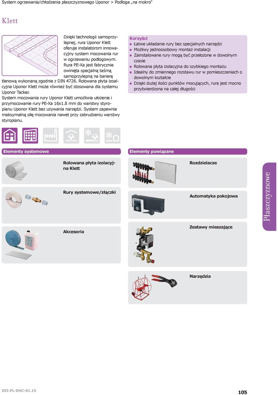 System mocowania rury Uponor Kett umożiwia ułożenie i przymocowanie rury PE-Xa 16x1.8 o warstwy styropianu Uponor Kett ez używania narzęzi.