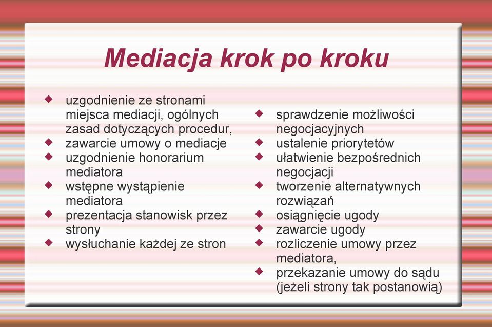 sprawdzenie możliwości negocjacyjnych ustalenie priorytetów ułatwienie bezpośrednich negocjacji tworzenie alternatywnych