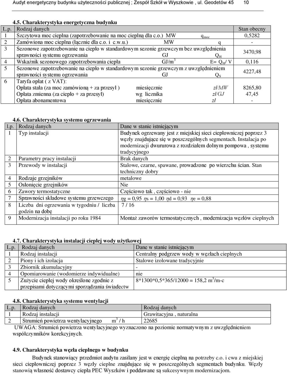 ) MW q - 3 Sezonowe zapotrzebowanie na ciepło w standardowym sezonie grzewczym bez uwzględnienia sprawności systemu ogrzewania GJ Q H 3470,98 4 ciepła Wskaźnik sezonowego zapotrzebowania GJ/m 3 / V