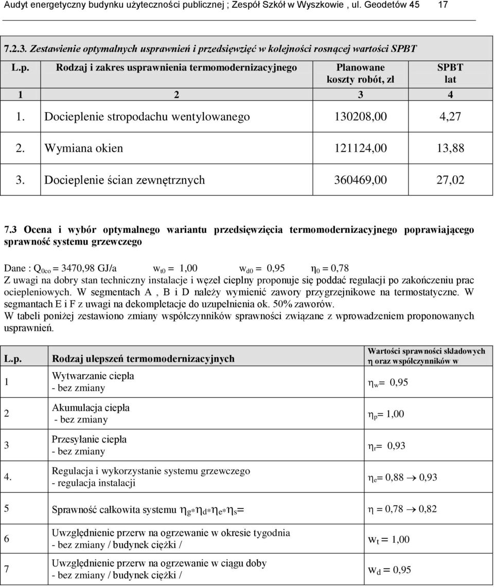 3 Ocena i wybór optymalnego wariantu przedsięwzięcia termomodernizacyjnego poprawiającego sprawność systemu grzewczego Dane : Q 0co = 3470,98 GJ/a w t0 = 1,00 w d0 = 0,95 η 0 = 0,78 Z uwagi na dobry