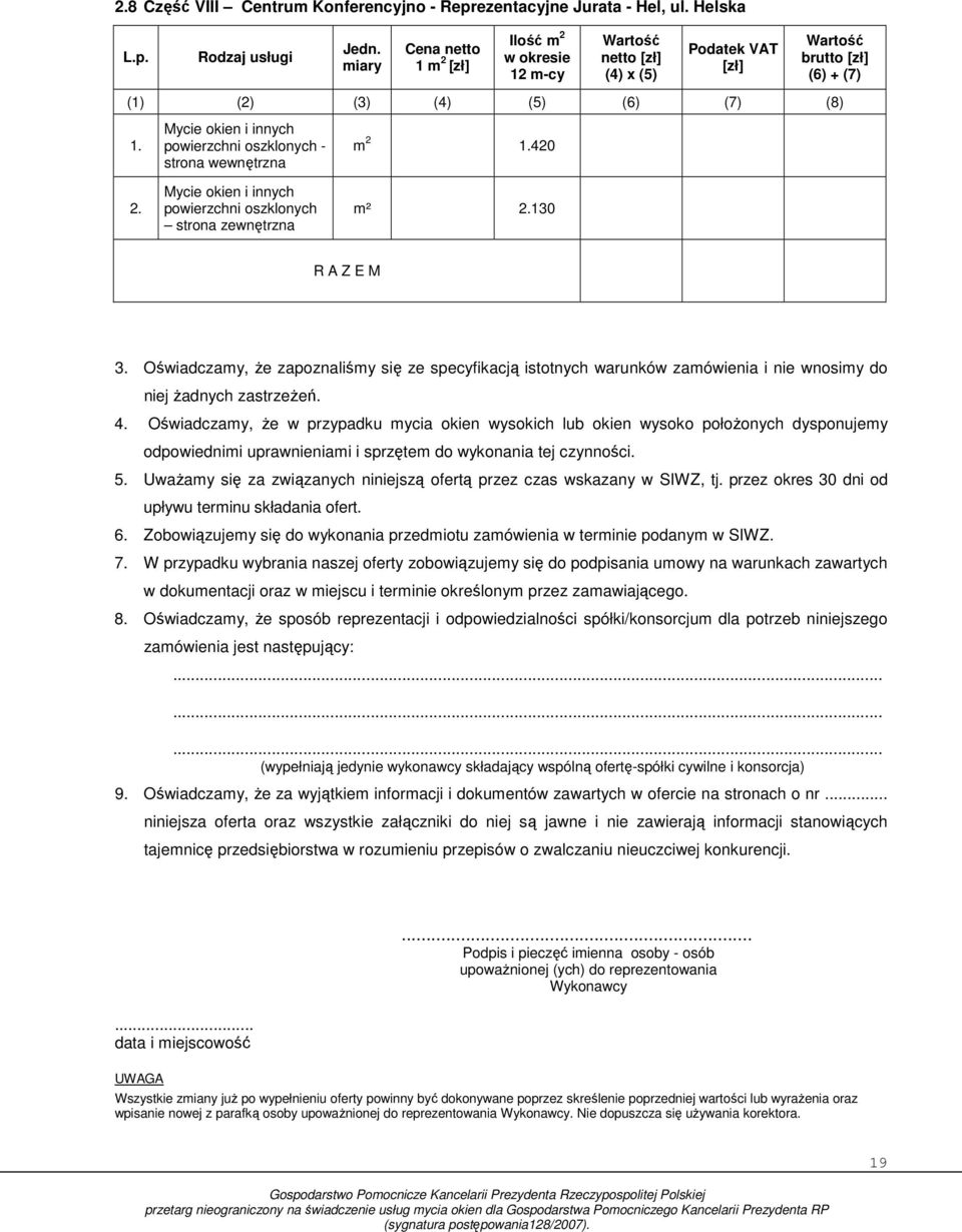 420 m² 2.130 R A Z E M 3. Oświadczamy, Ŝe zapoznaliśmy się ze specyfikacją istotnych warunków zamówienia i nie wnosimy do niej Ŝadnych zastrzeŝeń. 4.