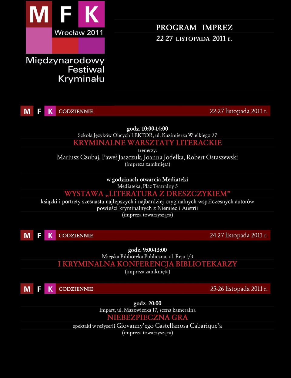 Teatralny 5 WYSTAWA LITERATURA Z DRESZCZYKIEM książki i portrety szesnastu najlepszych i najbardziej oryginalnych współczesnych autorów powieści kryminalnych z Niemiec i Austrii (impreza