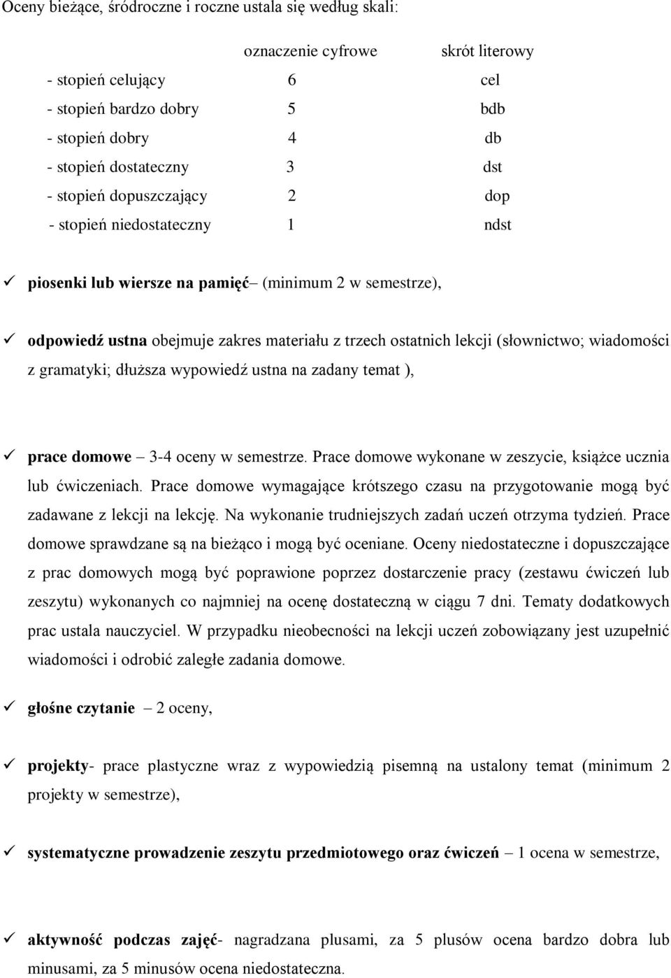 wiadomości z gramatyki; dłuższa wypowiedź ustna na zadany temat ), prace domowe 3-4 oceny w semestrze. Prace domowe wykonane w zeszycie, książce ucznia lub ćwiczeniach.