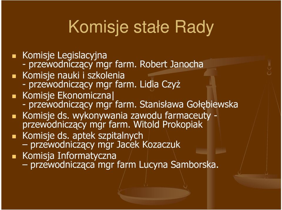 Lidia Czyż Komisje Ekonomiczna - przewodniczący mgr farm. Stanisława Gołębiewska Komisje ds.