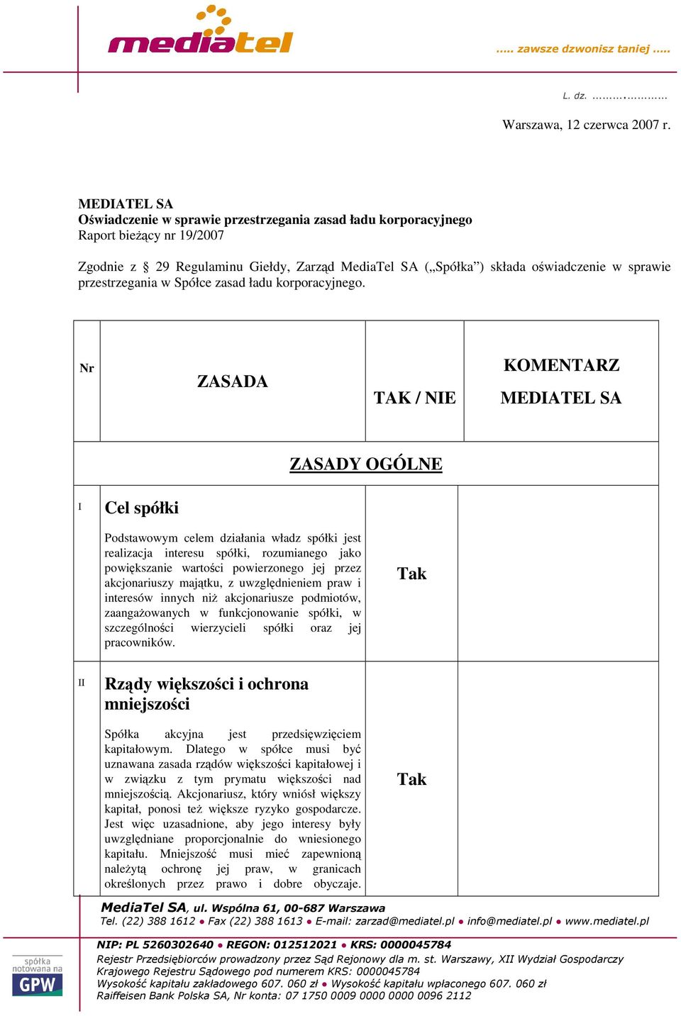 przestrzegania w Spółce zasad ładu korporacyjnego.