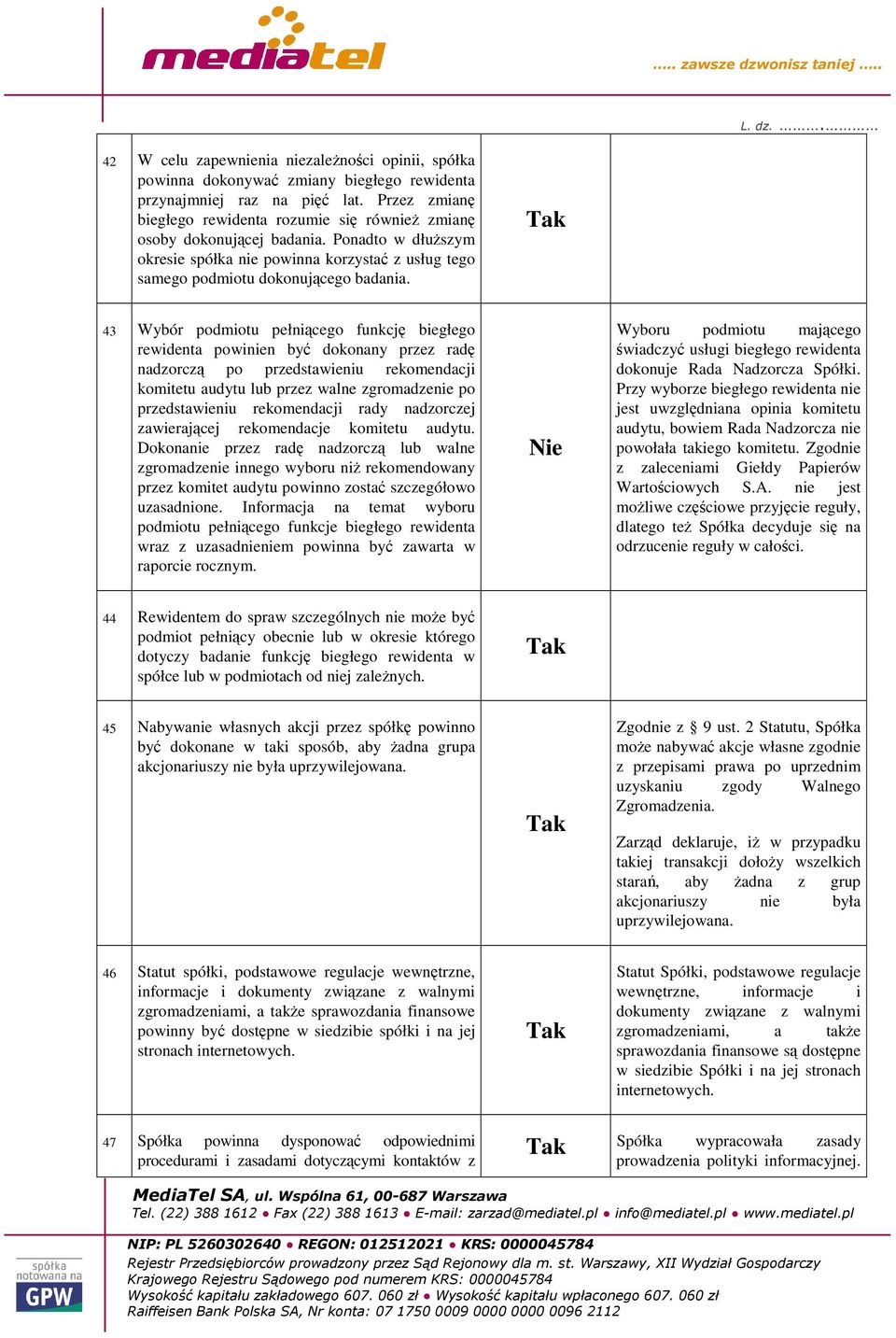 43 Wybór podmiotu pełnicego funkcj biegłego rewidenta powinien by dokonany przez rad nadzorcz po przedstawieniu rekomendacji komitetu audytu lub przez walne zgromadzenie po przedstawieniu