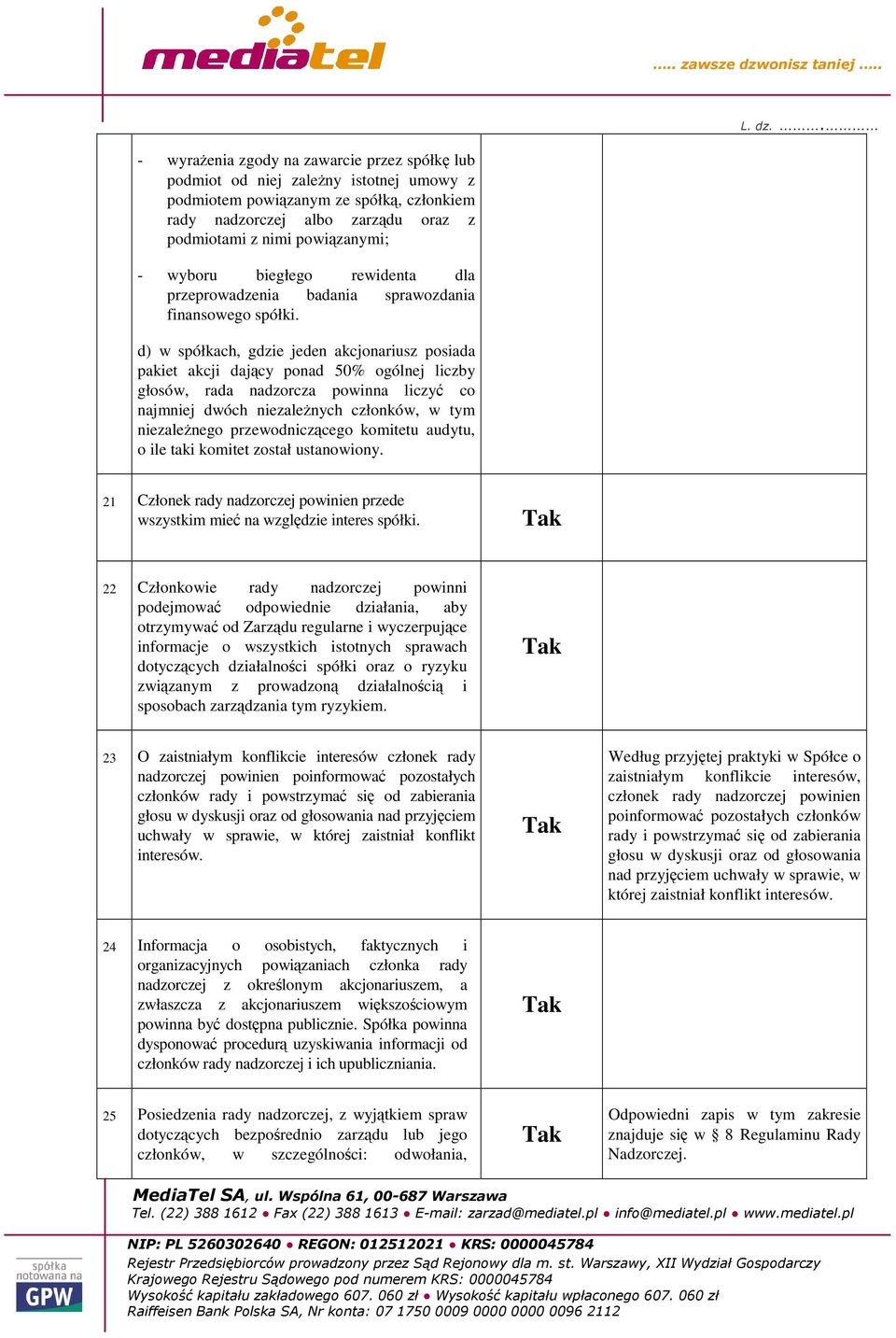 d) w spółkach, gdzie jeden akcjonariusz posiada pakiet akcji dajcy ponad 50% ogólnej liczby głosów, rada nadzorcza powinna liczy co najmniej dwóch niezalenych członków, w tym niezalenego