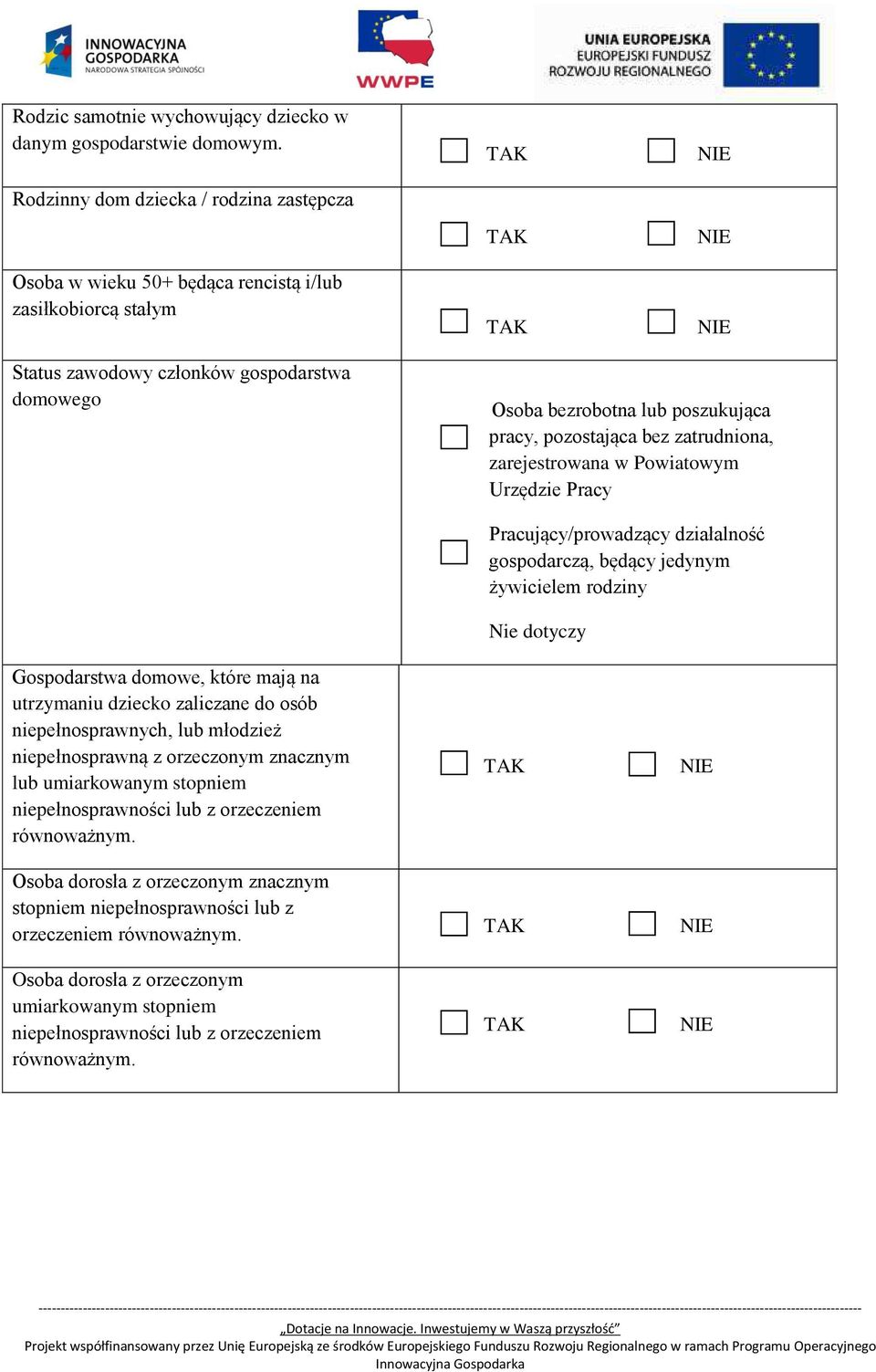 poszukująca pracy, pozostająca bez zatrudniona, zarejestrowana w Powiatowym Urzędzie Pracy Pracujący/prowadzący działalność gospodarczą, będący jedynym żywicielem rodziny Nie dotyczy Gospodarstwa