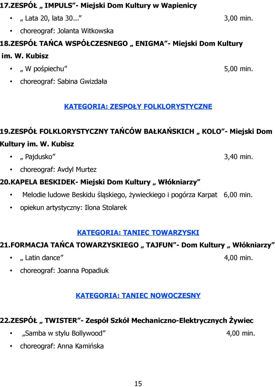 KAPELA BESKIDEK- Miejski Dom Kultury Włókniarzy Melodie ludowe Beskidu śląskiego, żywieckiego i pogórza Karpat 6,00 min. opiekun artystyczny: Ilona Stolarek KATEGORIA: TANIEC TOWARZYSKI 21.