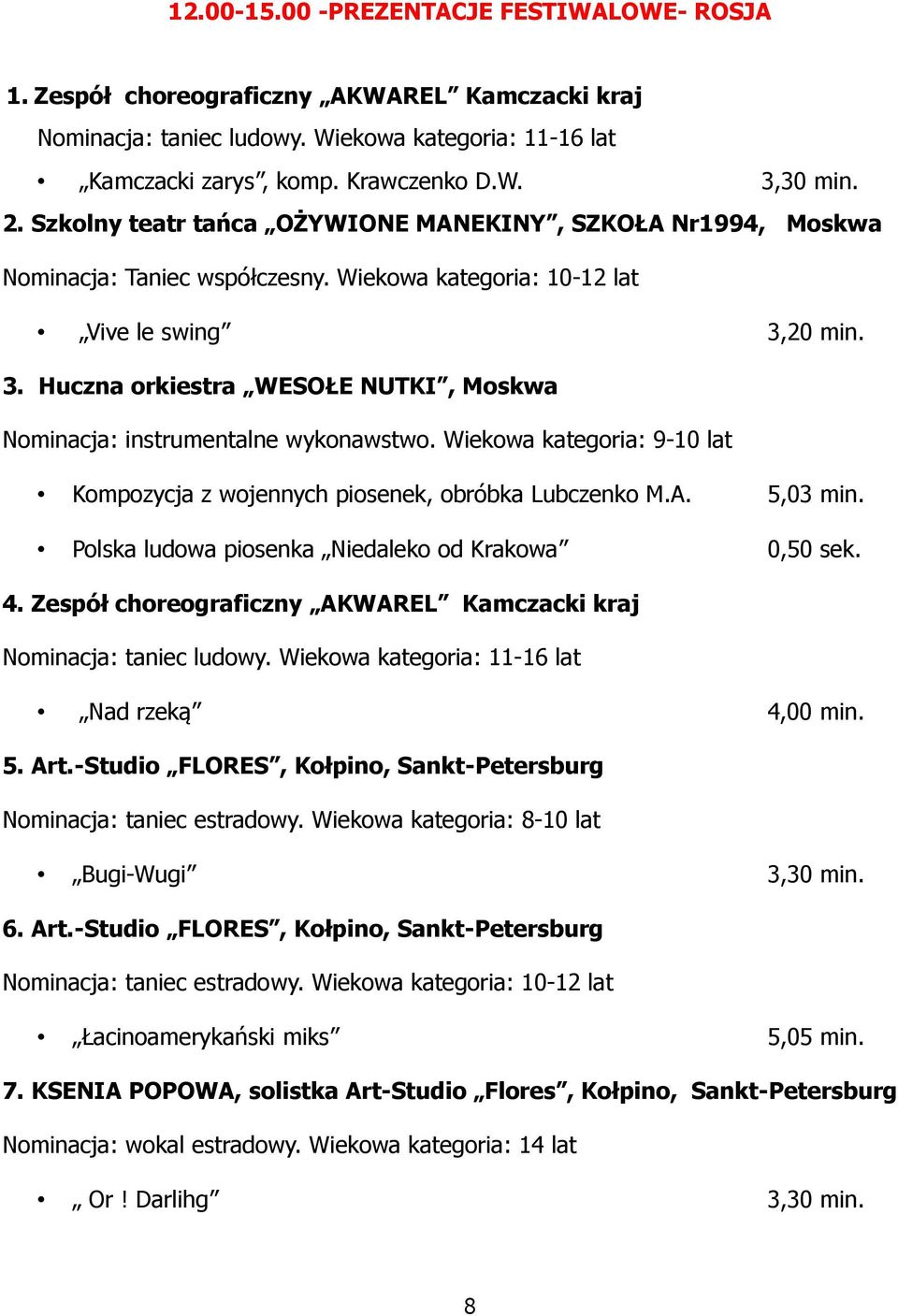 20 min. 3. Huczna orkiestra WESOŁE NUTKI, Moskwa Nominacja: instrumentalne wykonawstwo. Wiekowa kategoria: 9-10 lat Kompozycja z wojennych piosenek, obróbka Lubczenko M.A. 5,03 min.