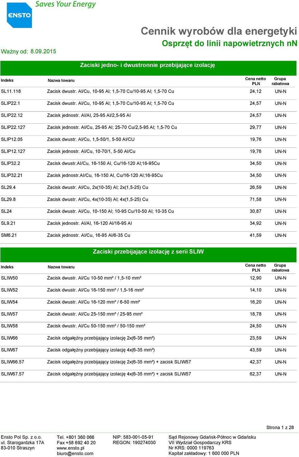 Al/Cu, 25-95 Al; 25-70 Cu/2,5-95 Al; 1,5-70 Cu 29,77 UN-N SLIP12.05 Zacisk dwustr. Al/Cu, 1,5-50/1, 5-50 Al/CU 19,76 UN-N SLIP12.127 Zacisk jednostr. Al/Cu, 10-70/1, 5-50 Al/Cu 19,76 UN-N SLIP32.