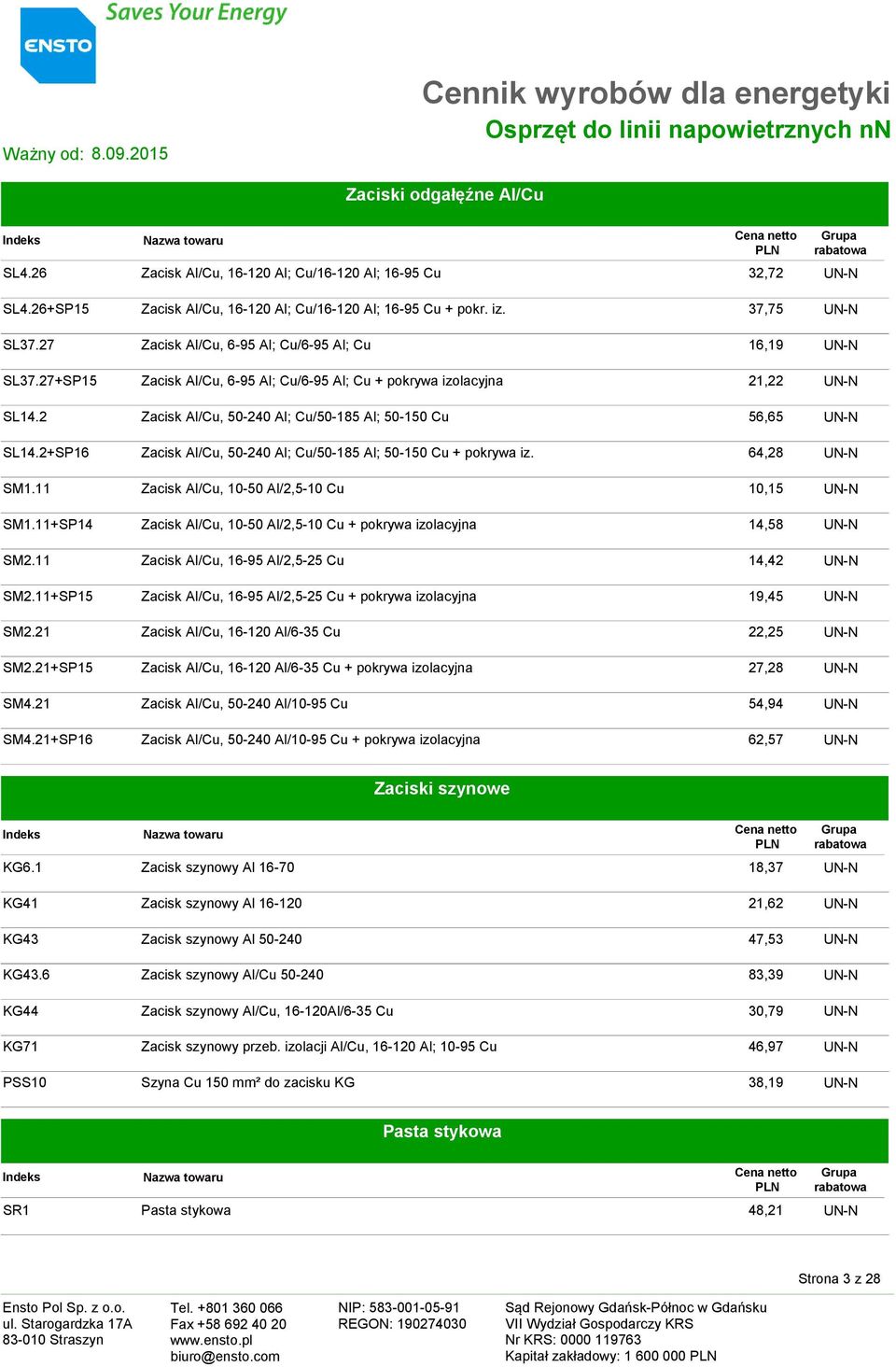 2 Zacisk Al/Cu, 50-240 Al; Cu/50-185 Al; 50-150 Cu 56,65 UN-N SL14.2+SP16 Zacisk Al/Cu, 50-240 Al; Cu/50-185 Al; 50-150 Cu + pokrywa iz. 64,28 UN-N SM1.